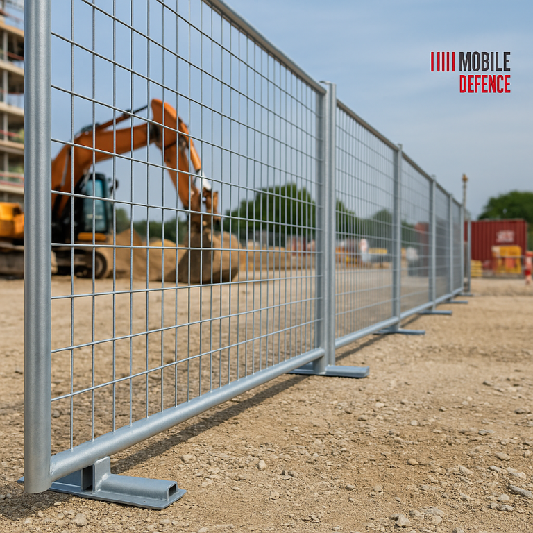 Mobile Defence Bauzaun aus Metall mit Bagger im Hintergrund auf einer Baustelle.