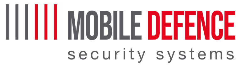 Logo von Mobile Defence, Sicherheitssysteme in rot und grau. Mobiler Sicherheitszaun