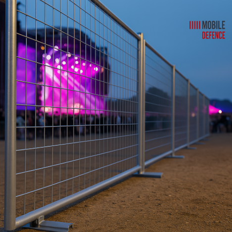 Blick auf ein Festivalgelände mit Sicherheitszaun von Mobile Defence und beleuchtetem Bühnenbereich.